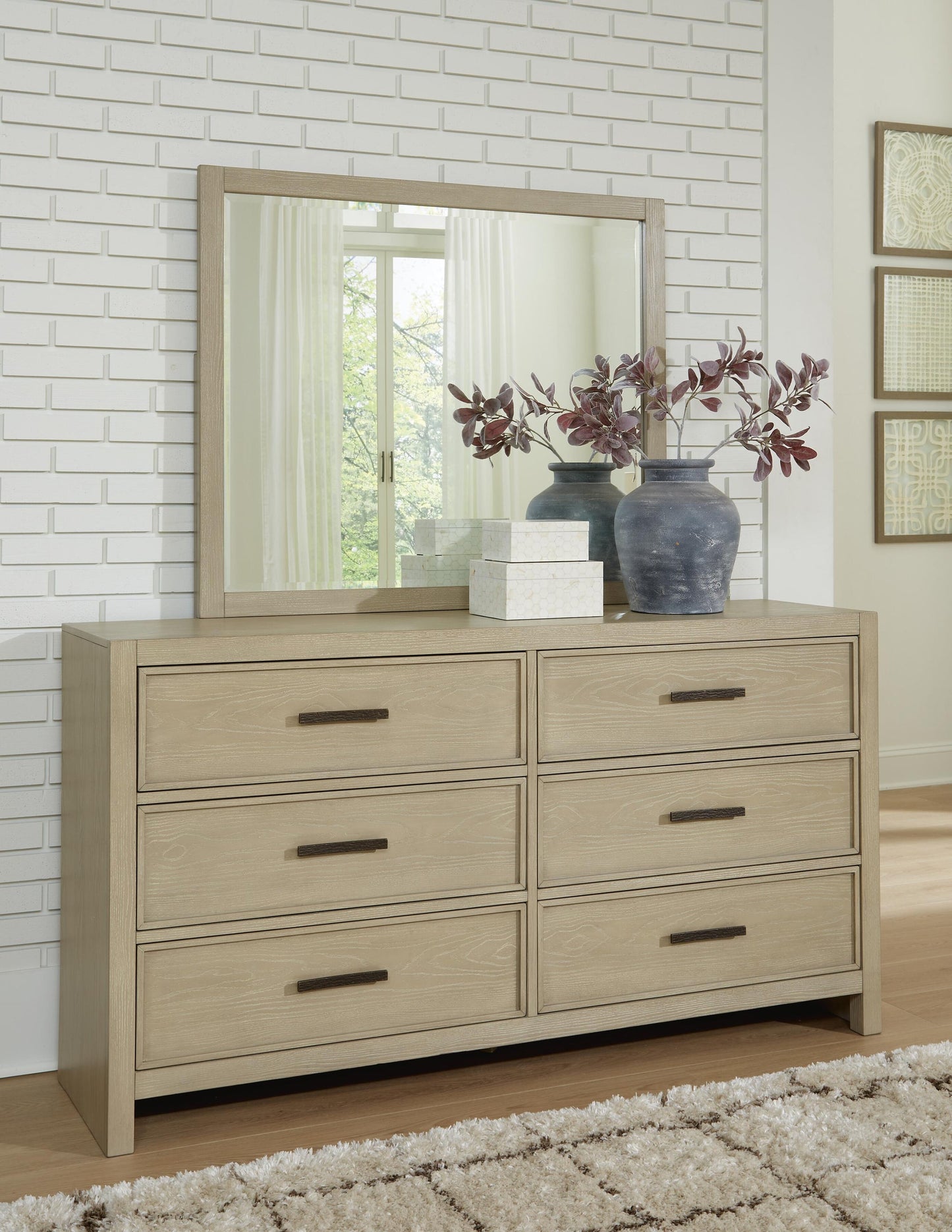 Calmoro California King Bookcase Bed with Mirrored Dresser and Nightstand