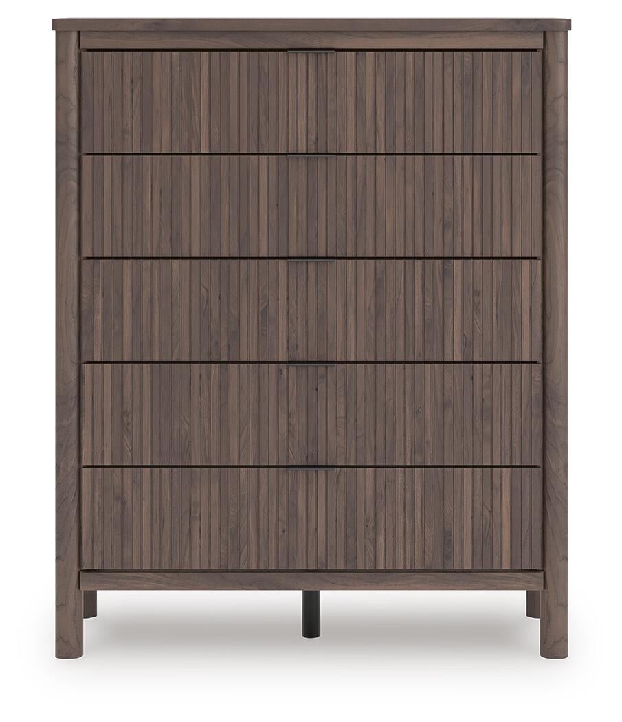 Cadmori Queen Upholstered Panel Platform Bed, Dresser, Mirror, Chest and Nightstand