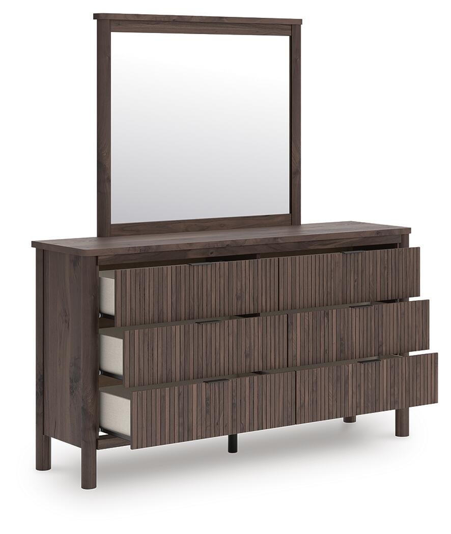 Cadmori Full Upholstered Panel Platform Bed, Dresser and Mirror