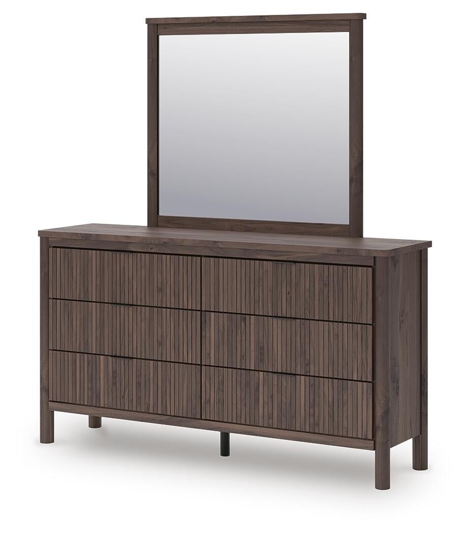 Cadmori Twin Upholstered Panel Platform Bed, Dresser and Mirror