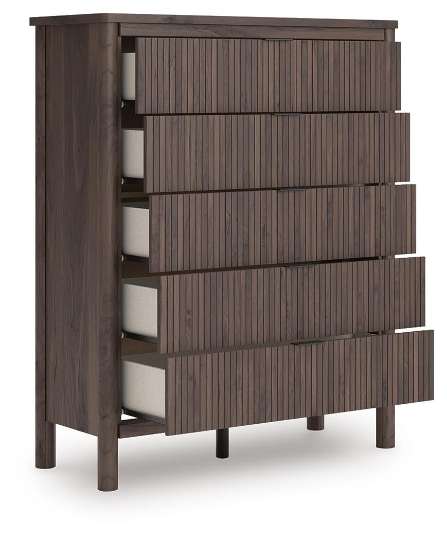 Cadmori Queen Upholstered Panel Bed, Dresser, Mirror, Chest and Nightstand