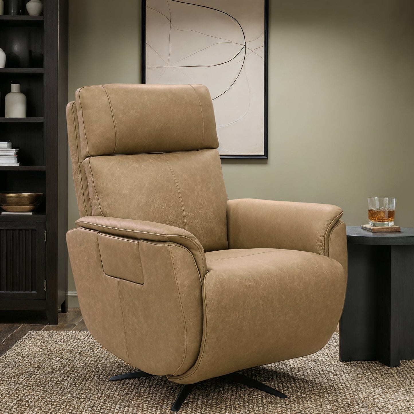Cove Dune Leather Power Swivel Recliner with Power Headrest, Lumbar, Heat, & Massage
