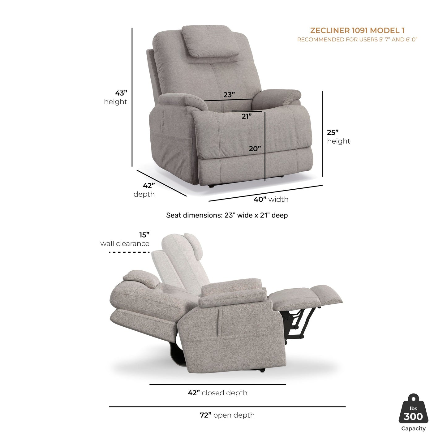 Zecliner Model 1 Dove Fabric Power Lift Sleep Recliner with Power Headrest & Lumbar