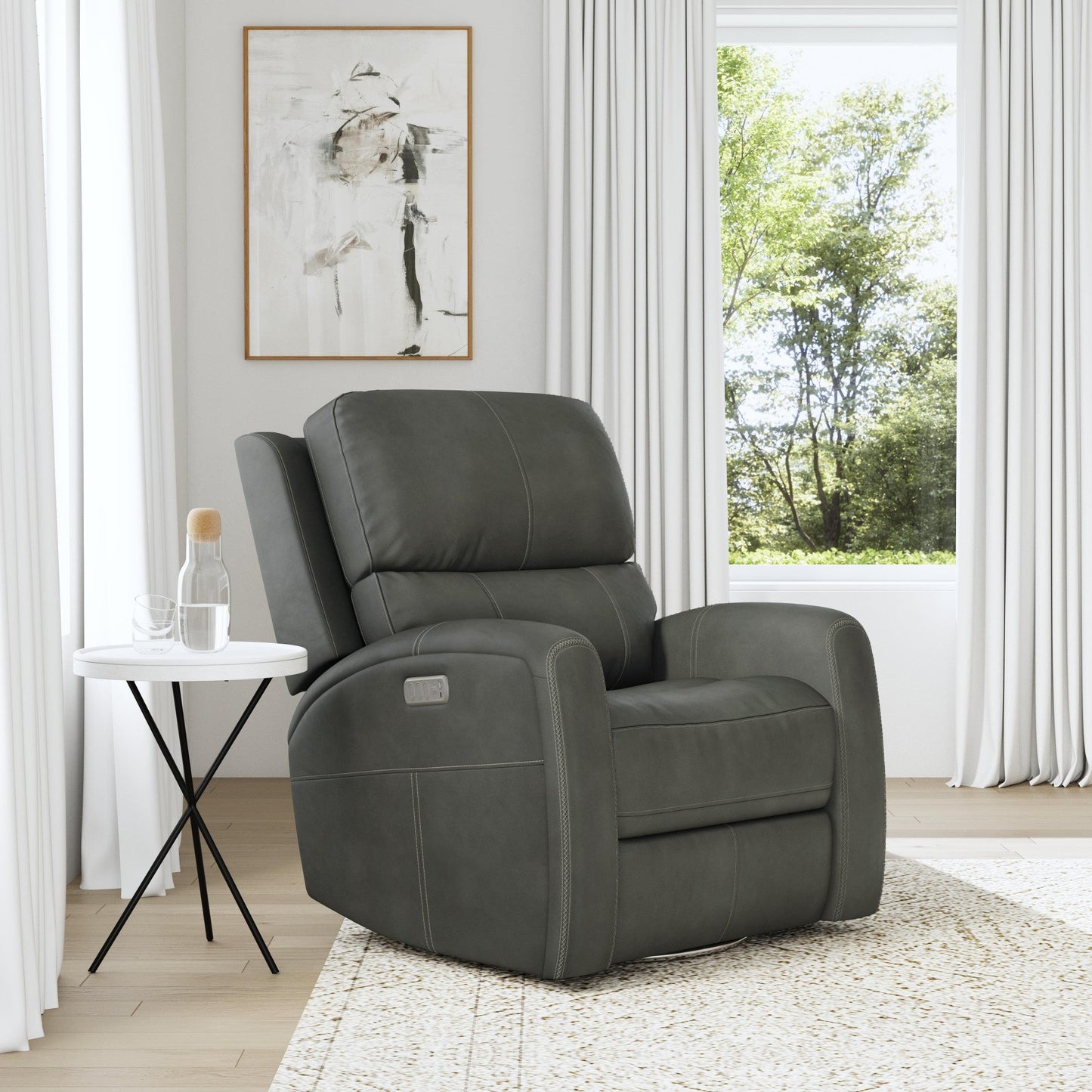 Linden Charcoal Leather Power Swivel Gliding Recliner with Power Headrest, Lumbar, Heat & Massage