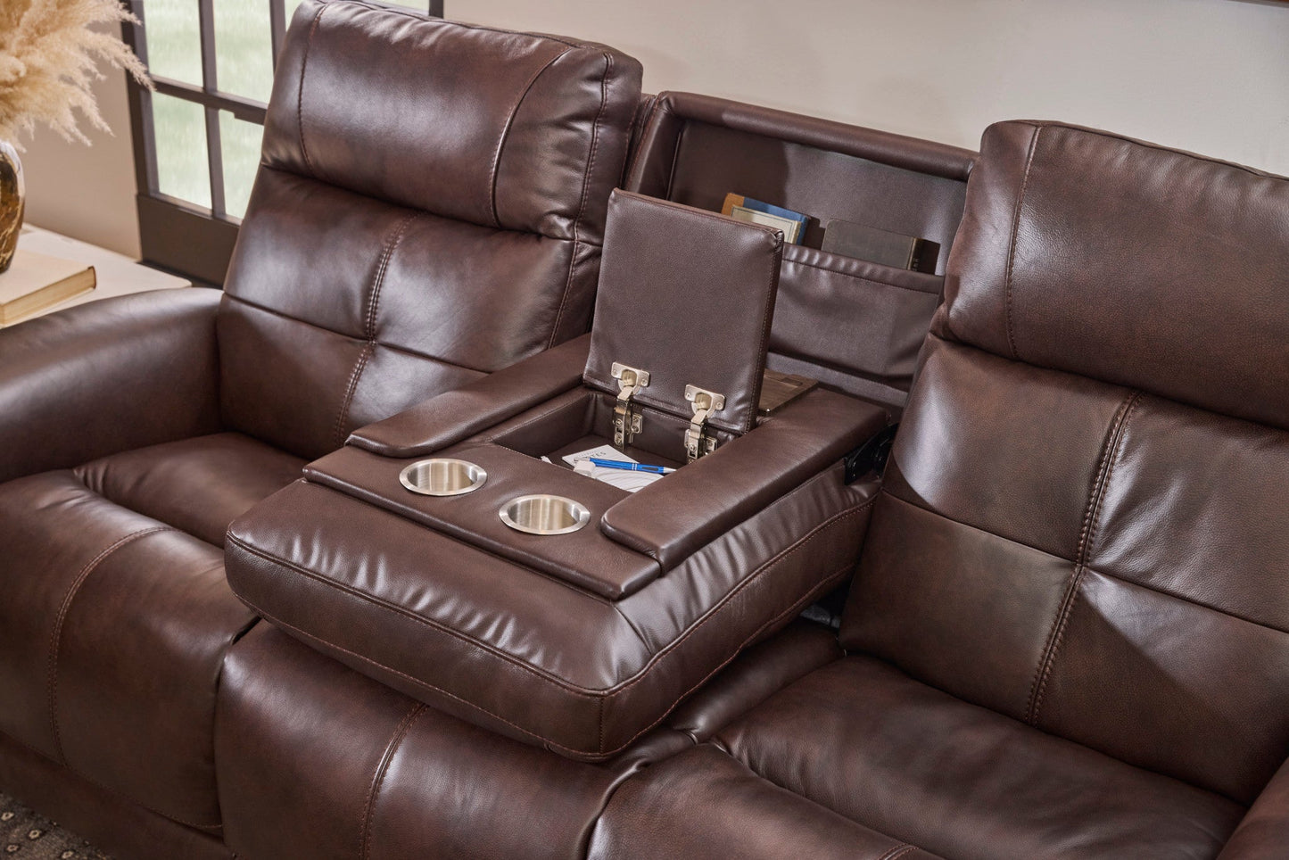 Ranger Rustic Brown Leather Power Reclining Sofa with Console, Power Headrest, Lumbar, Heat & Massage