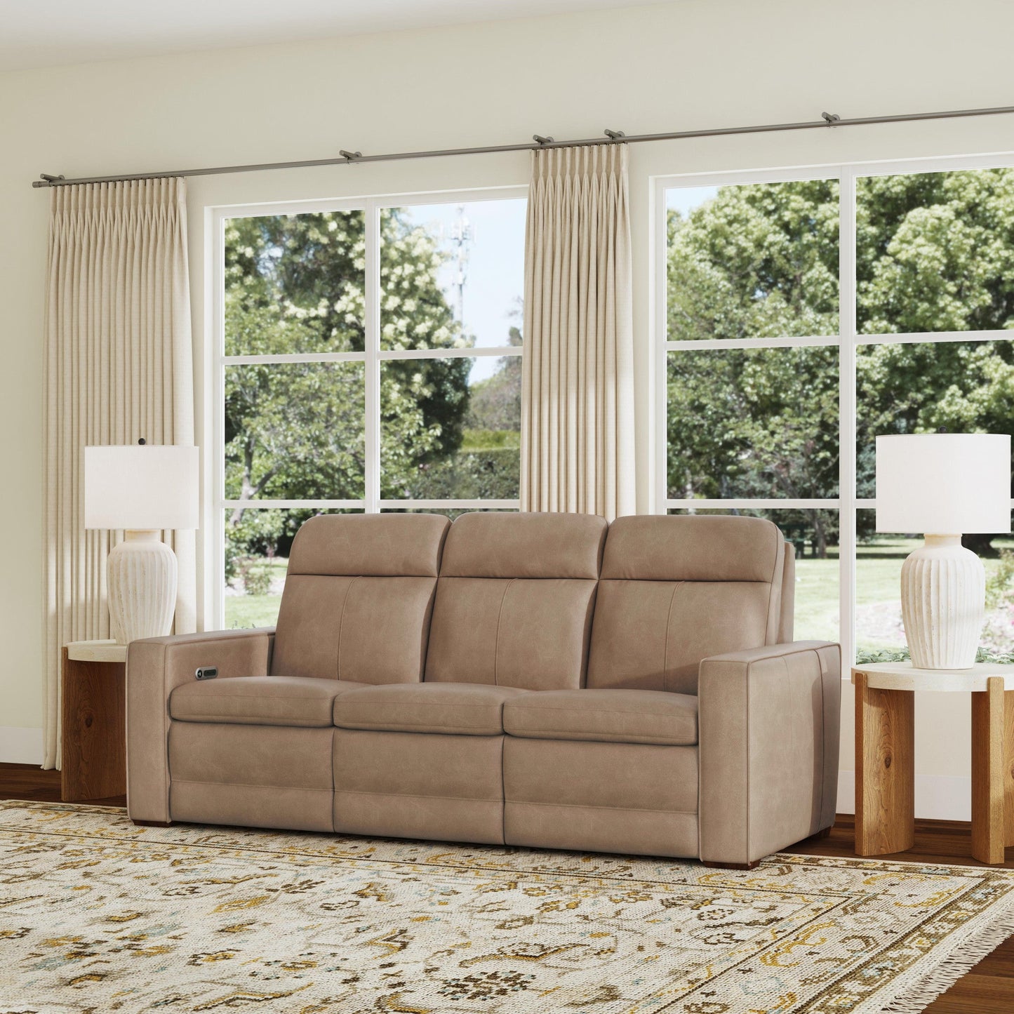 Dutch Desert Leather Power Reclining Sofa with Console, Power Headrest, & Lumbar