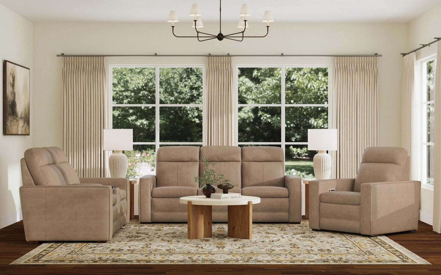 Dutch Desert Leather Power Reclining Sofa with Console, Power Headrest, & Lumbar