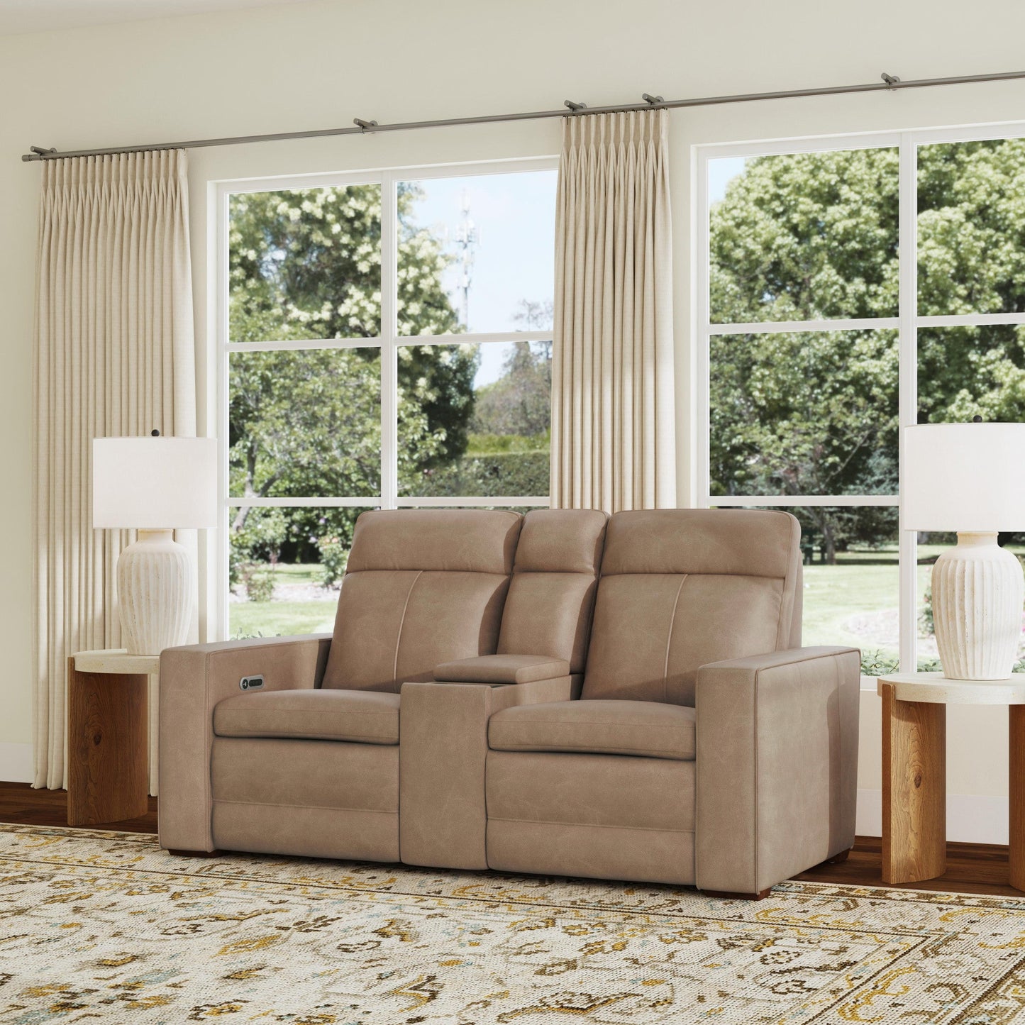 Dutch Desert Leather Power Reclining Loveseat with Console, Power Headrest & Lumbar