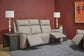 Vernon Dove Grey Vinyl Power Reclining Sofa with Console, Power Headrest, Lumbar, Heat & Massage
