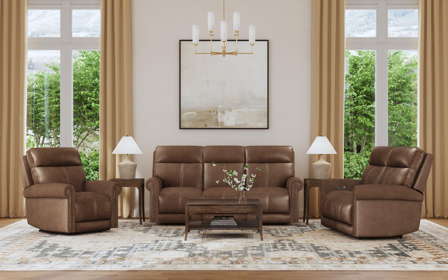 Alexander Tawny Leather Power Reclining Sofa with Console, Power Headrest & Lumbar