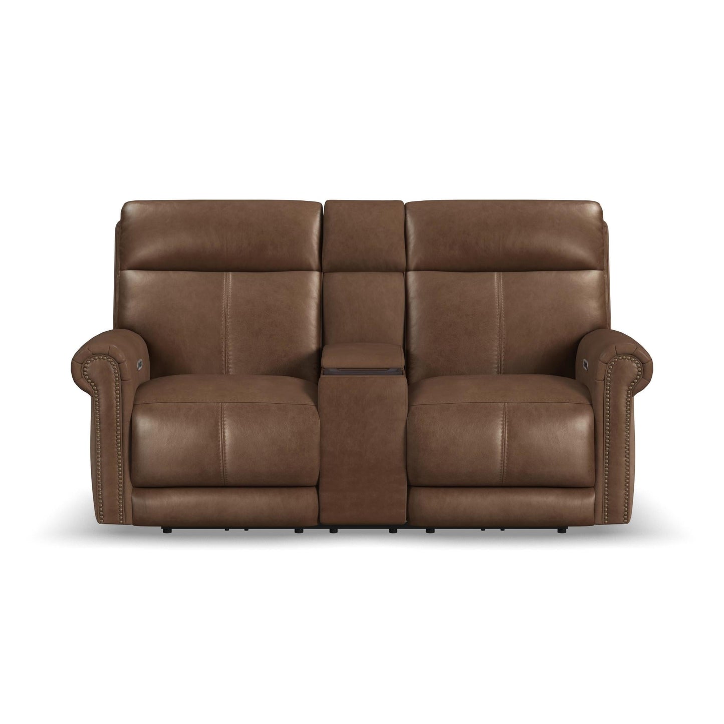 Alexander Tawny Leather Power Reclining Loveseat with Console, Power Headrest & Lumbar