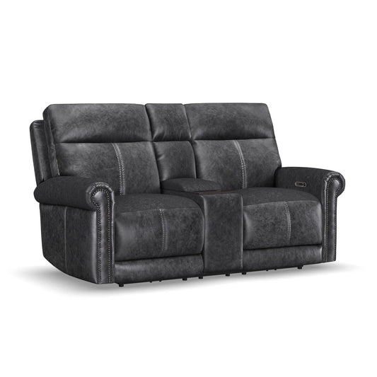 Alexander Weathered Stone Leather Power Reclining Loveseat with Console, Power Headrest & Lumbar