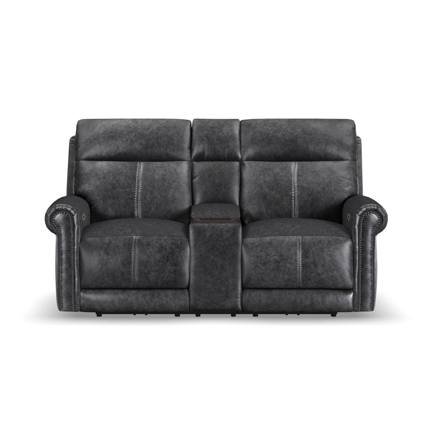 Alexander Weathered Stone Leather Power Reclining Loveseat with Console, Power Headrest & Lumbar