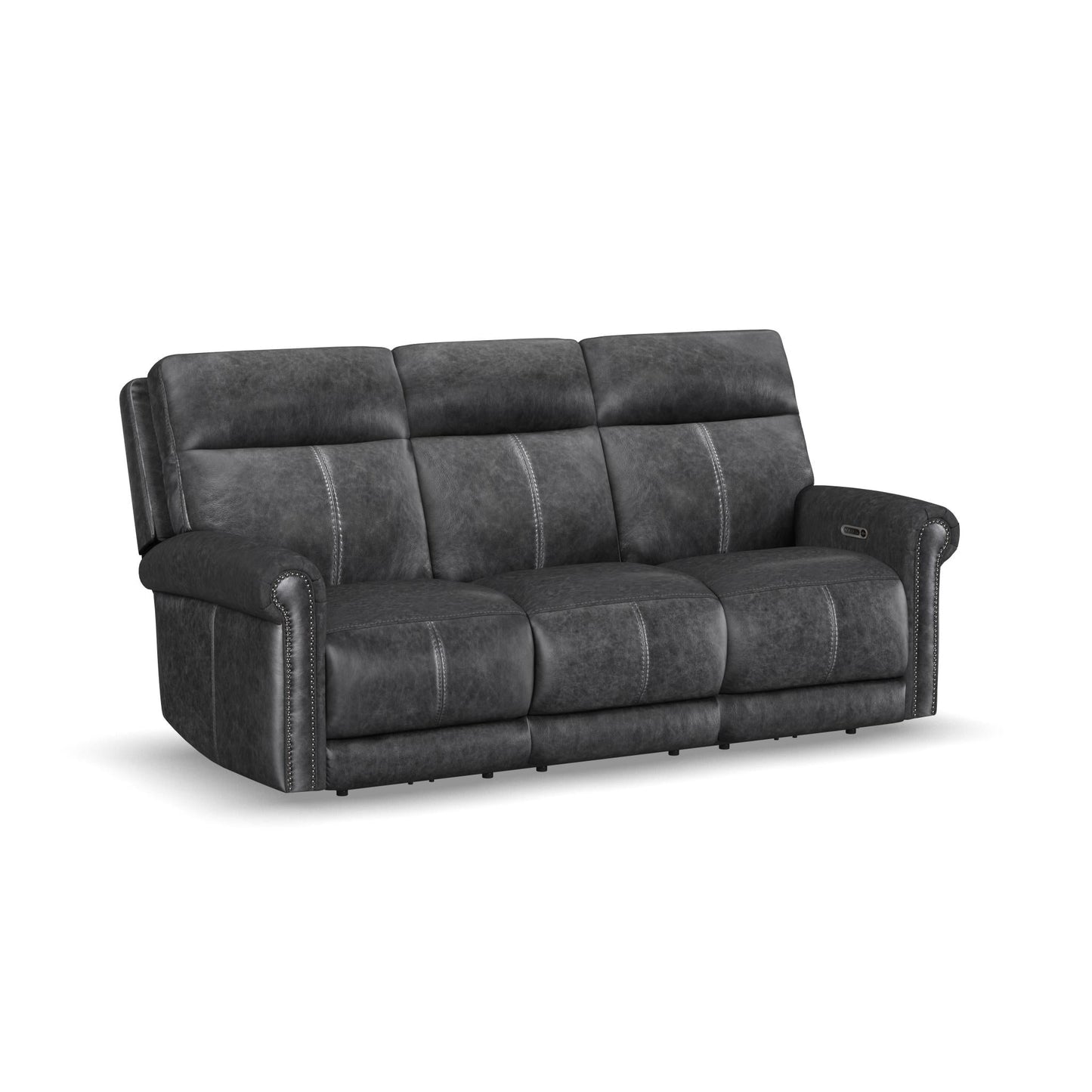 Alexander Weathered Stone Leather Power Reclining Sofa with Console, Power Headrest & Lumbar