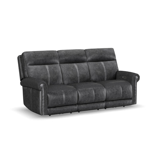 Alexander Weathered Stone Leather Power Reclining Sofa with Console, Power Headrest & Lumbar