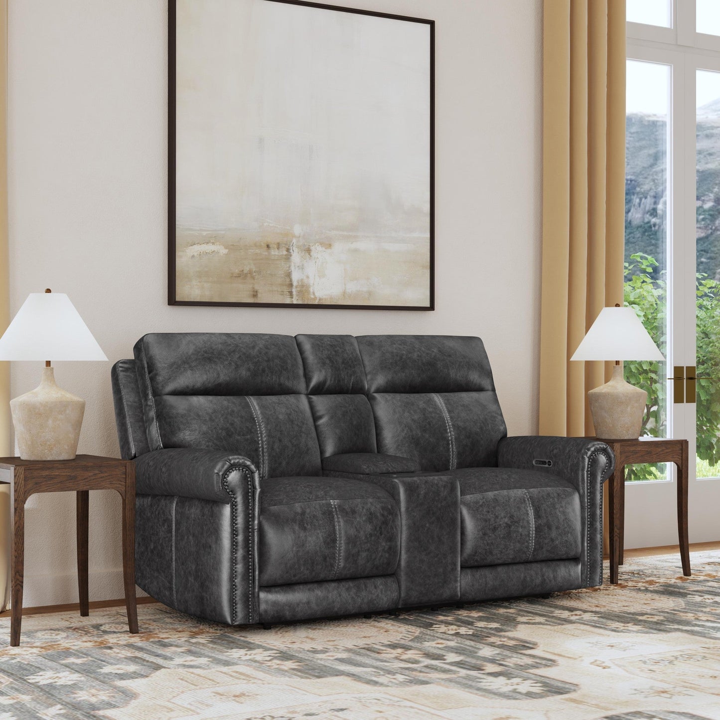 Alexander Weathered Stone Leather Power Reclining Loveseat with Console, Power Headrest & Lumbar