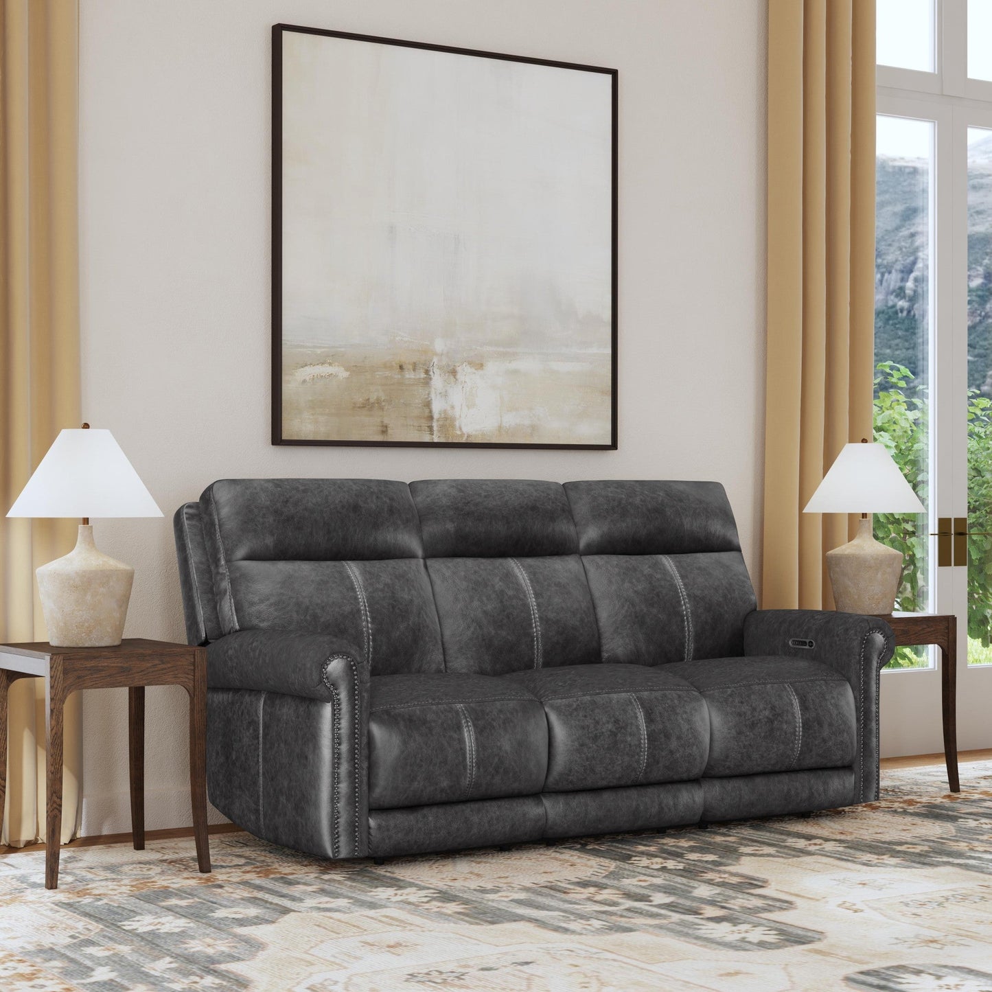 Alexander Weathered Stone Leather Power Reclining Sofa with Console, Power Headrest & Lumbar
