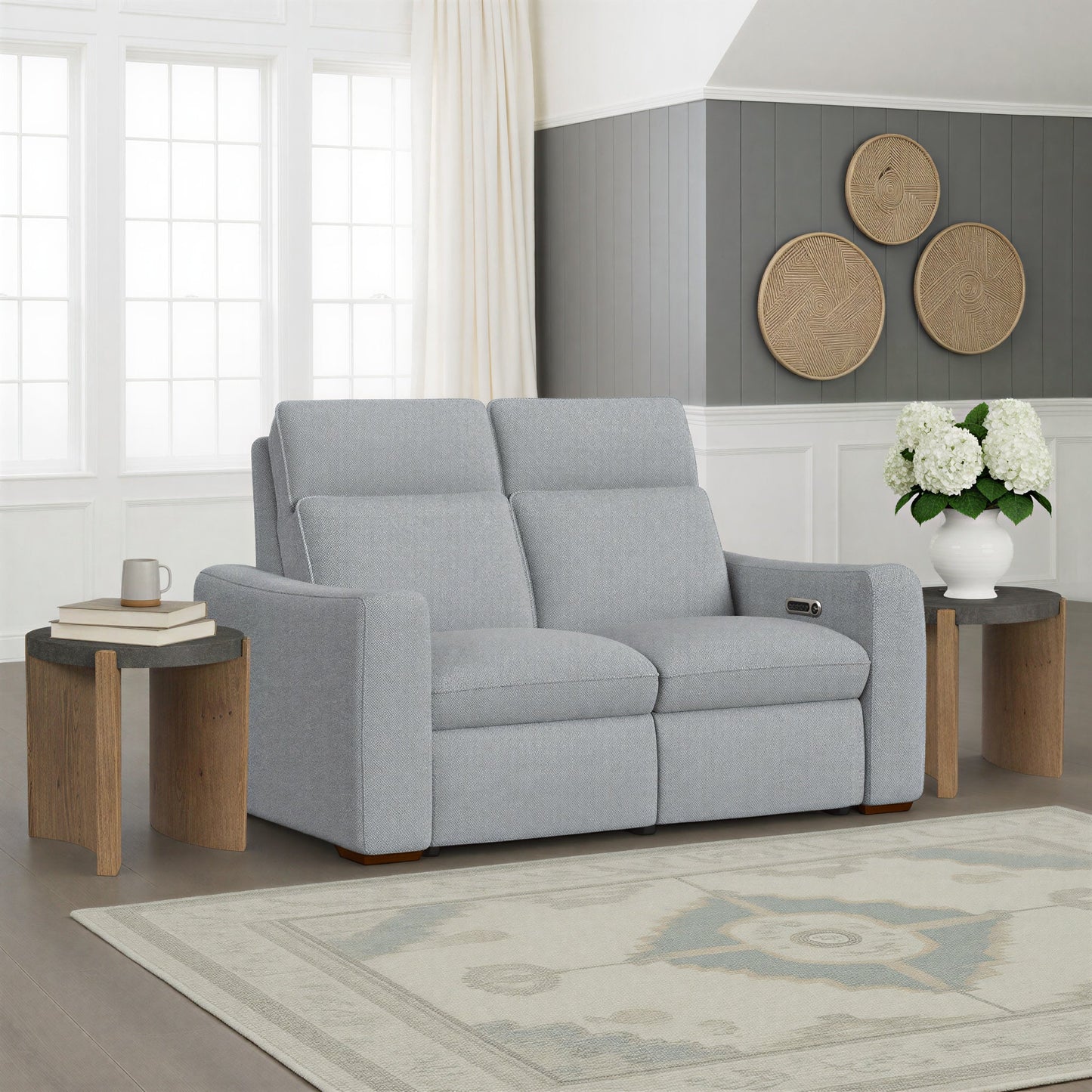 Ava Stonewash Fabric Power Reclining Loveseat with Power Headrest & Lumbar