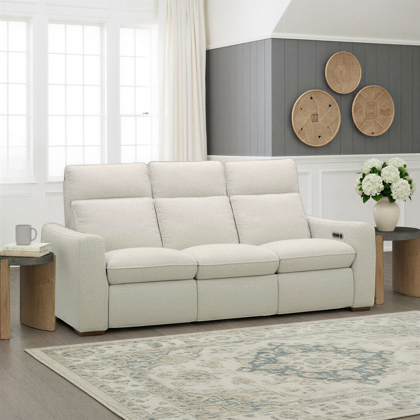 Ava Silver Sand Fabric Power Reclining Sofa with Power Headrest & Lumbar