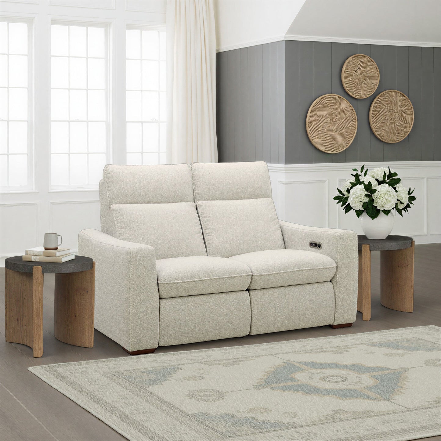 Ava Silver Sand Fabric Power Reclining Loveseat with Power Headrest & Lumbar