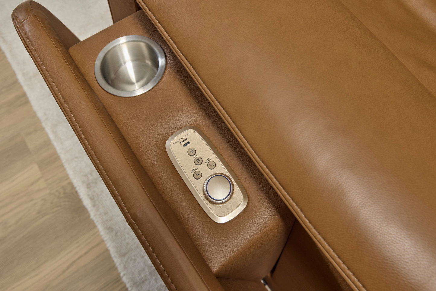 Ziggy Camel Leather Power Reclining Sofa with Power Headrest, Lumbar, Heat & Massage