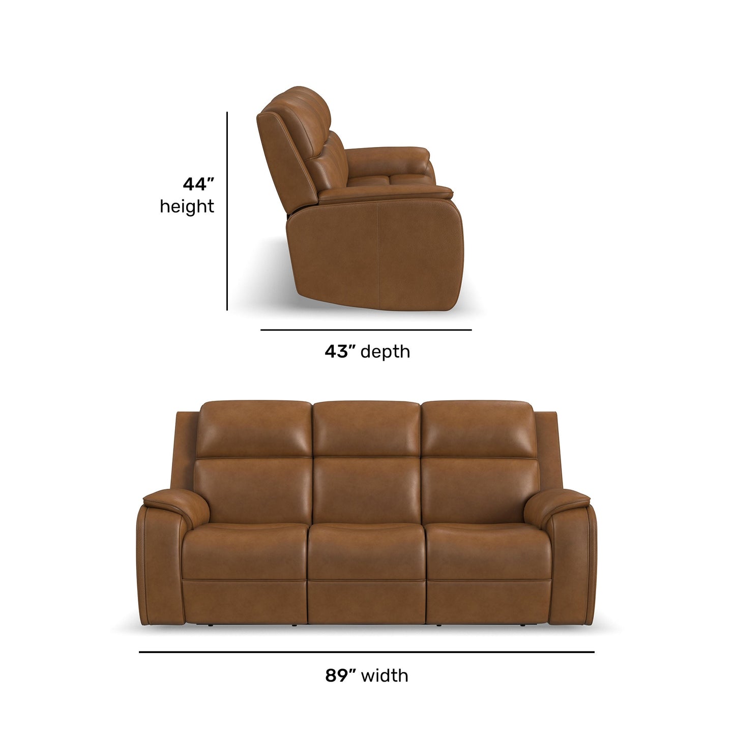 Ziggy Camel Leather Power Reclining Sofa with Power Headrest, Lumbar, Heat & Massage