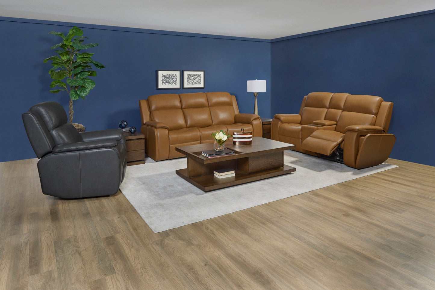Ziggy Camel Leather Power Reclining Sofa with Power Headrest, Lumbar, Heat & Massage