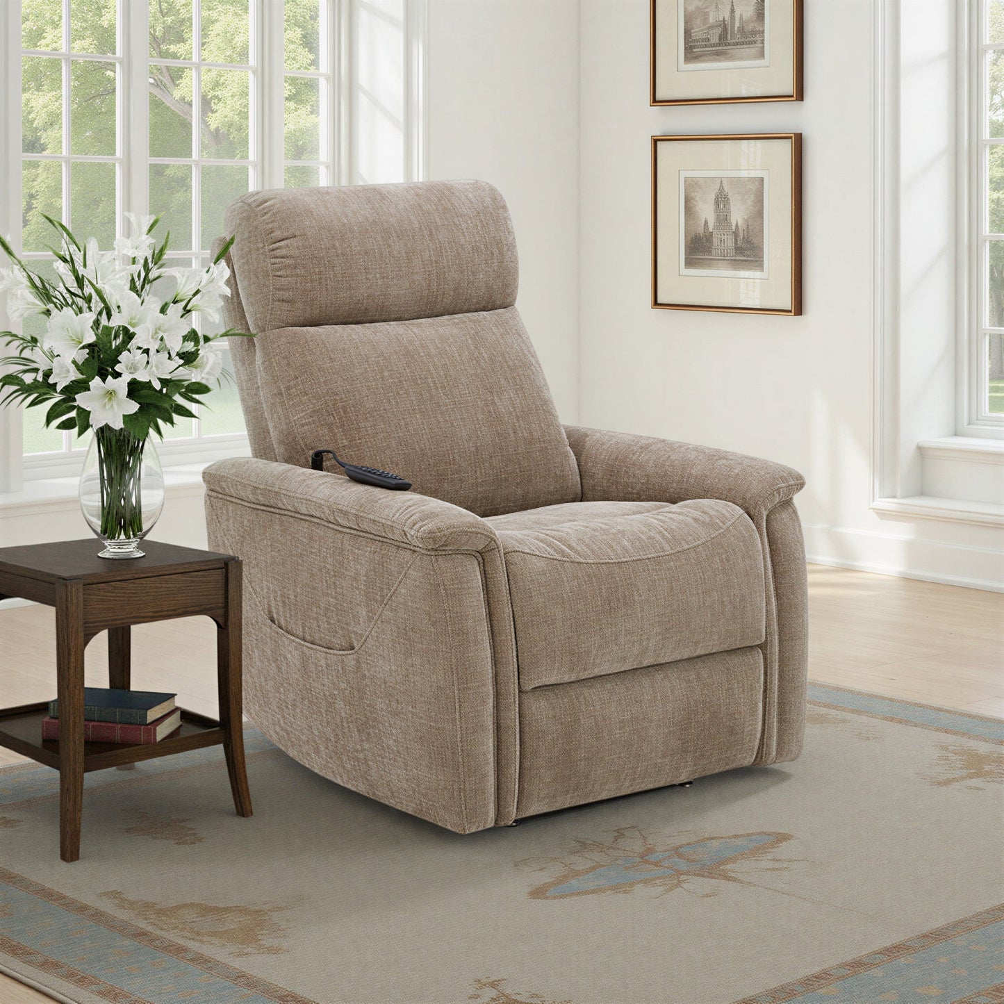 Luma Sable Fabric Power Lift Recliner with Power Headrest, Lumbar, Heat & Massage