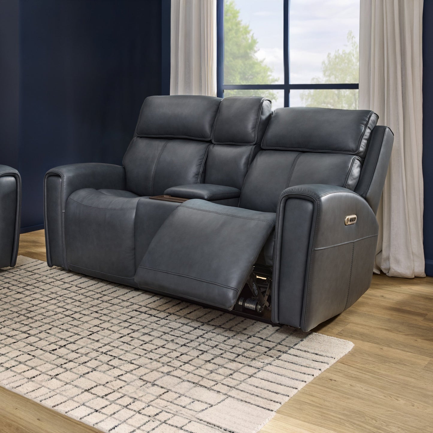 Warren True Navy Leather Power Reclining Loveseat with Console, Power Headrest & Lumbar