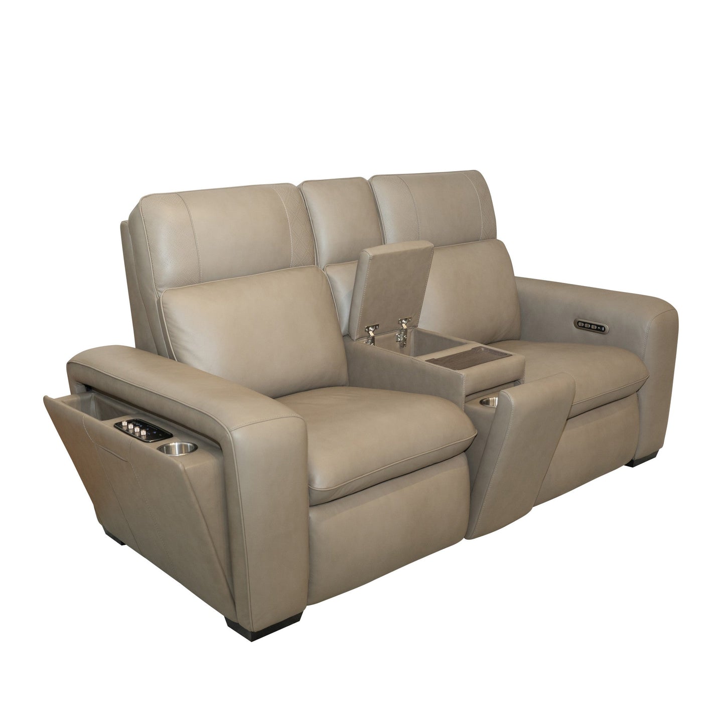 Sense Greige Leather Power Reclining Loveseat with Console, Power Headrest, Lumbar & Pulse