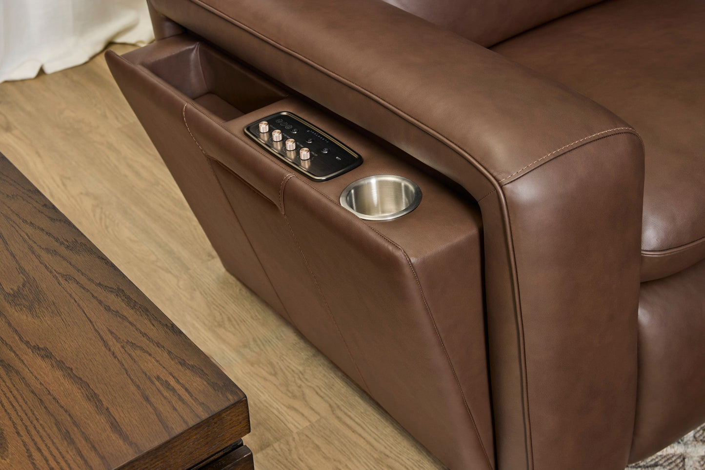 Sense Espresso Leather Power Reclining Loveseat with Console, Power Headrest, Lumbar & Pulse