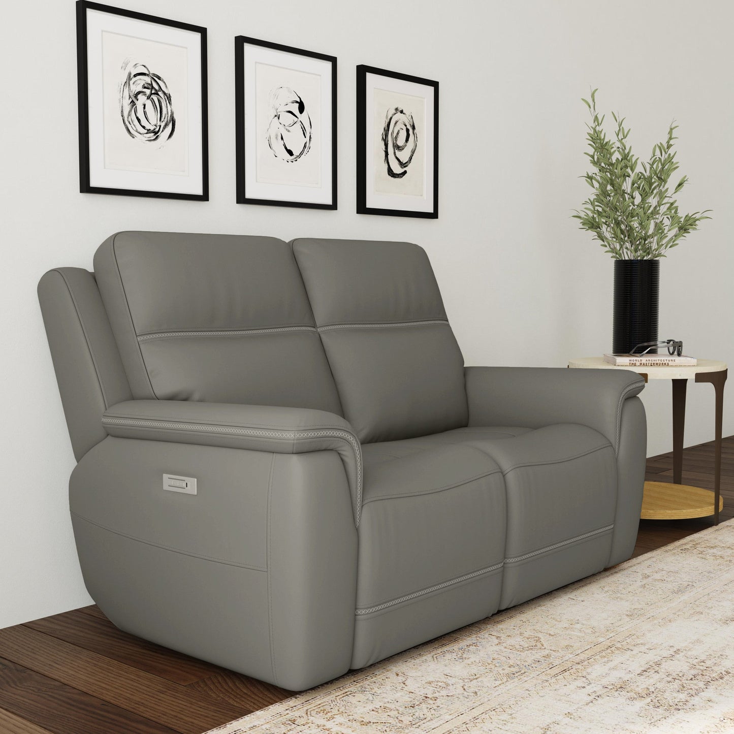 Sawyer Grey Leather Power Reclining Loveseat w/ Pwr Headrests, Lumbar