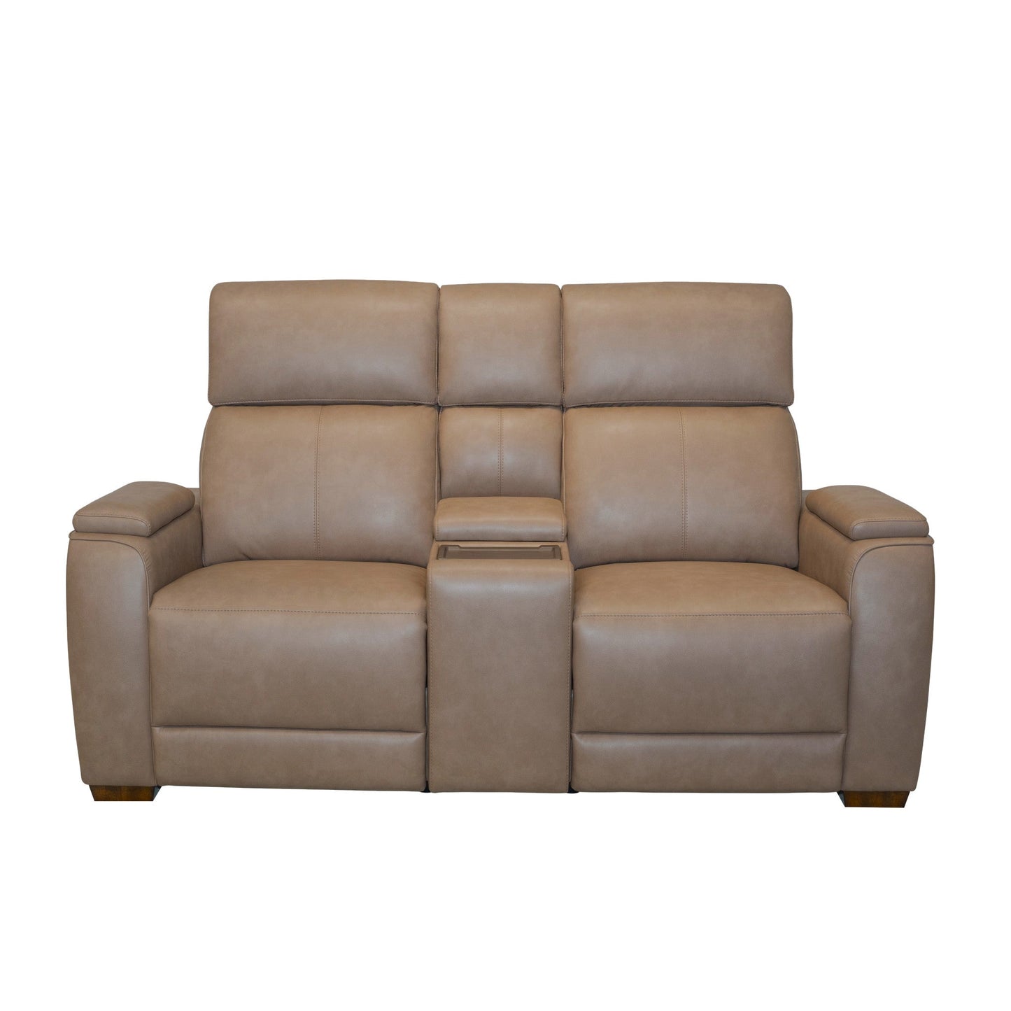 Vibe Taupe Fabric Power Reclining Loveseat with Console, Power Headrest, Lumbar, Heat, Massage & Pulse