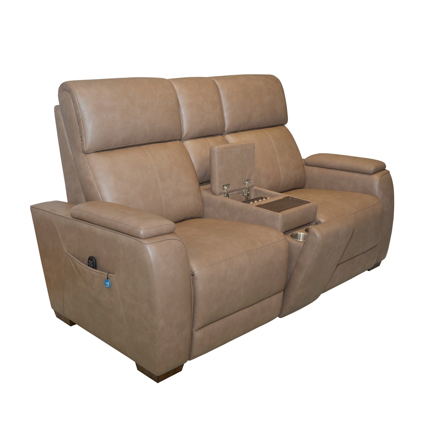 Vibe Taupe Fabric Power Reclining Loveseat with Console, Power Headrest, Lumbar, Heat, Massage & Pulse