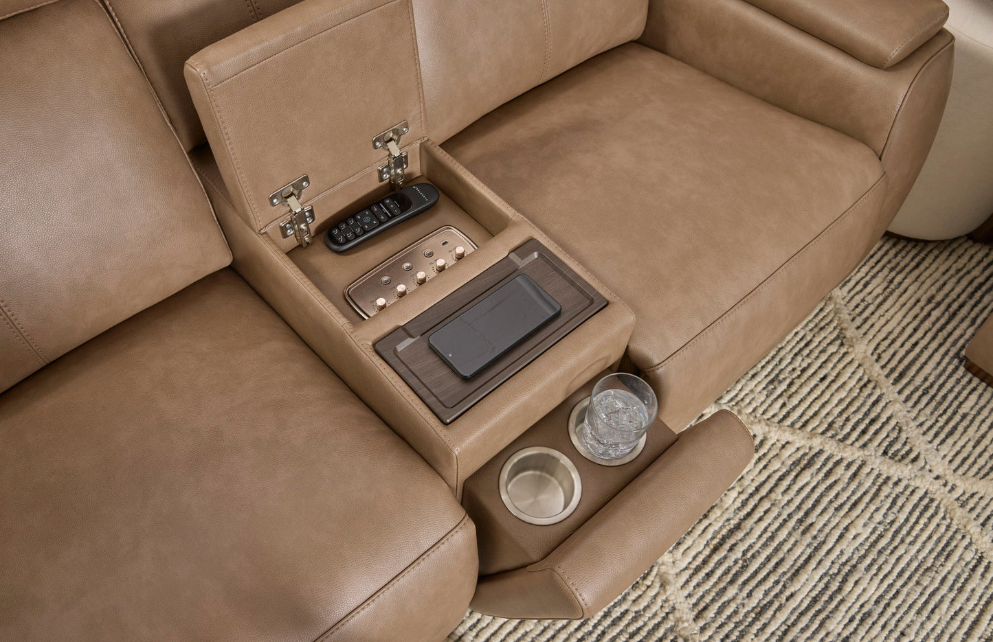 Vibe Taupe Fabric Power Reclining Loveseat with Console, Power Headrest, Lumbar, Heat, Massage & Pulse