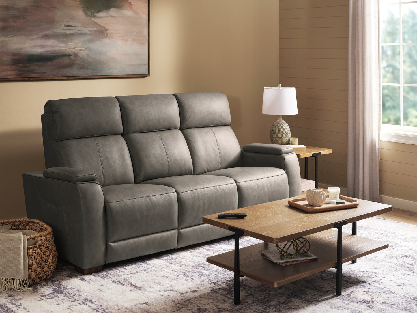 Vibe Coal Fabric Power Reclining Sofa with Console, Power Headrest, Lumbar, Heat, Massage & Pulse
