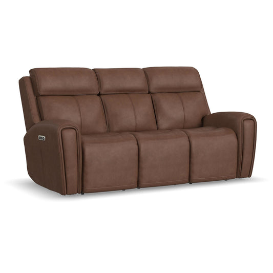 Warren Classic Brown Leather Power Reclining Sofa with Console, Power Headrest & Lumbar