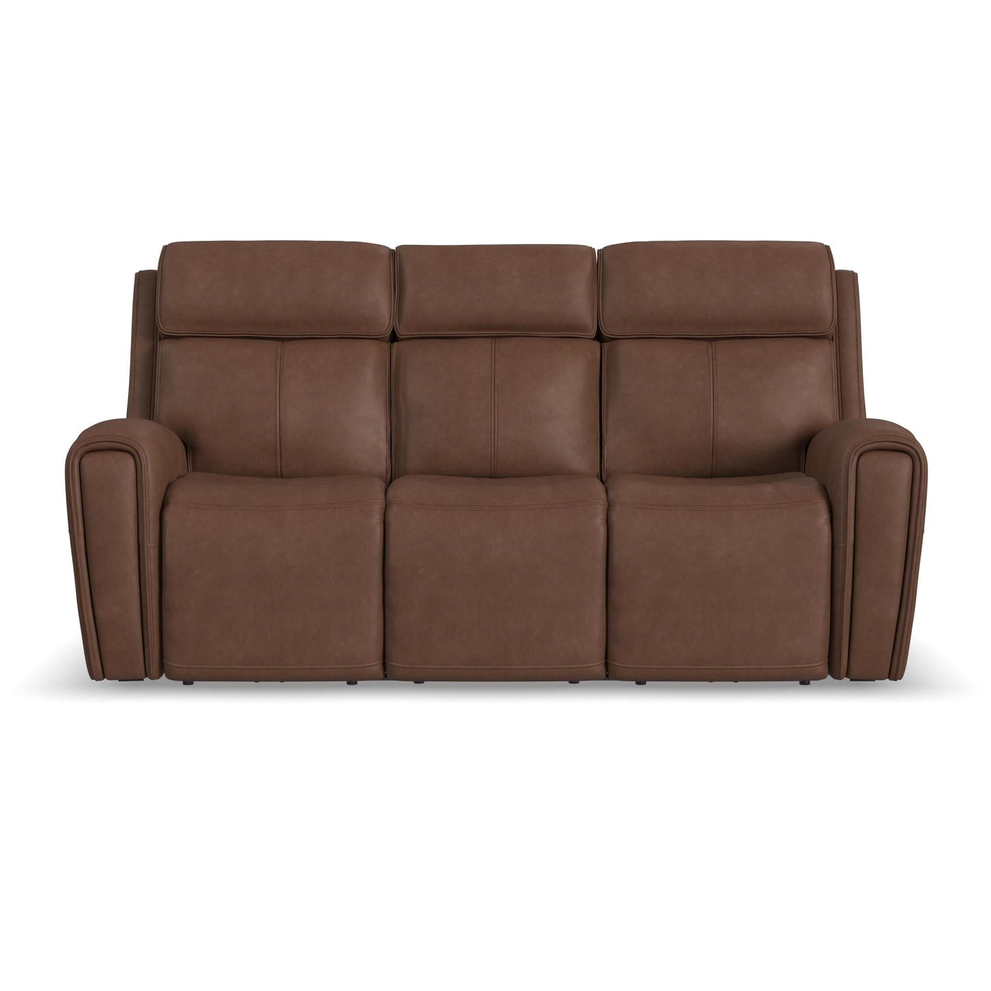 Warren Classic Brown Leather Power Reclining Sofa with Console, Power Headrest & Lumbar