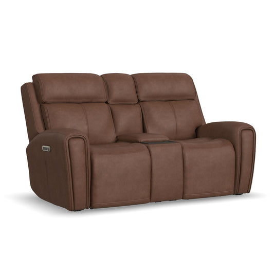 Warren Classic Brown Leather Power Reclining Loveseat with Console, Power Headrest & Lumbar