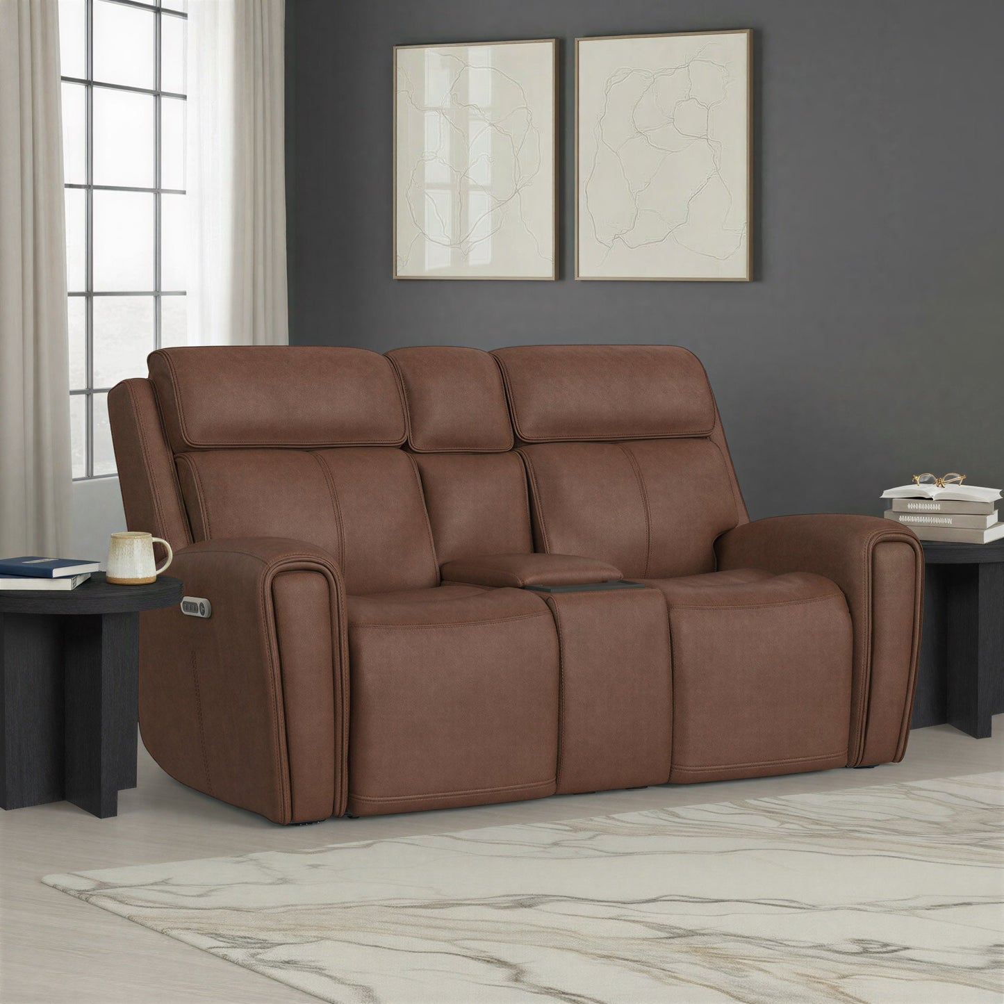 Warren Classic Brown Leather Power Reclining Loveseat with Console, Power Headrest & Lumbar