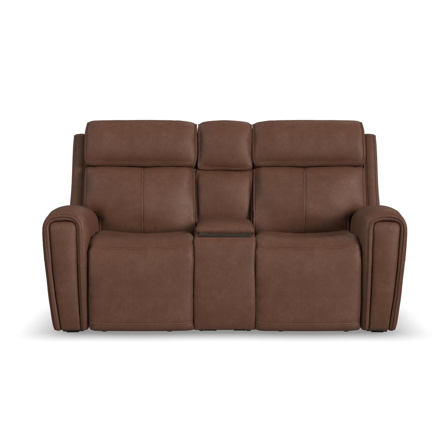 Warren Classic Brown Leather Power Reclining Loveseat with Console, Power Headrest & Lumbar