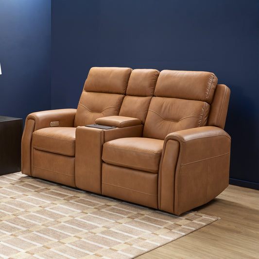 Felix Toasted Almond Leather Power Reclining Loveseat with Console, Power Headrest, Lumbar, Heat & Massage