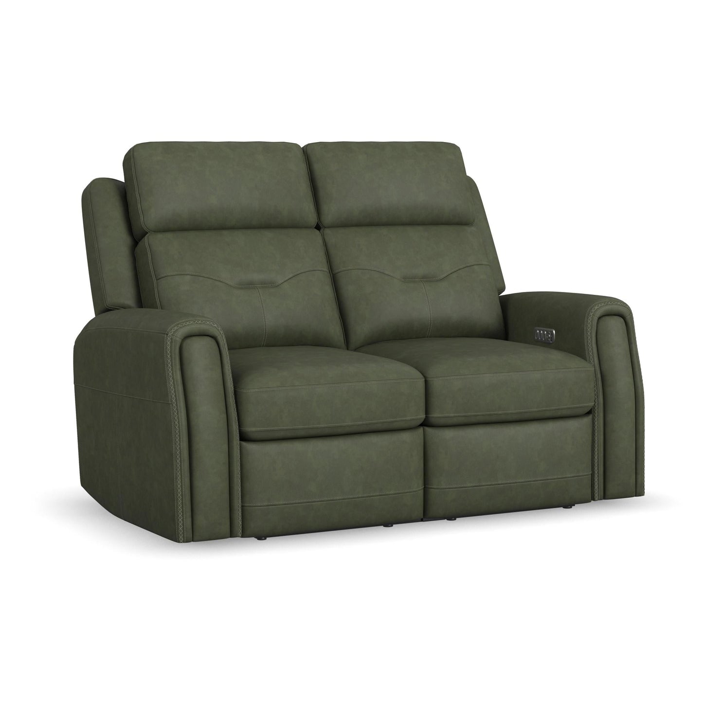 Felix Forest Green Leather Power Reclining Loveseat with Power Headrest, Lumbar, Heat & Massage