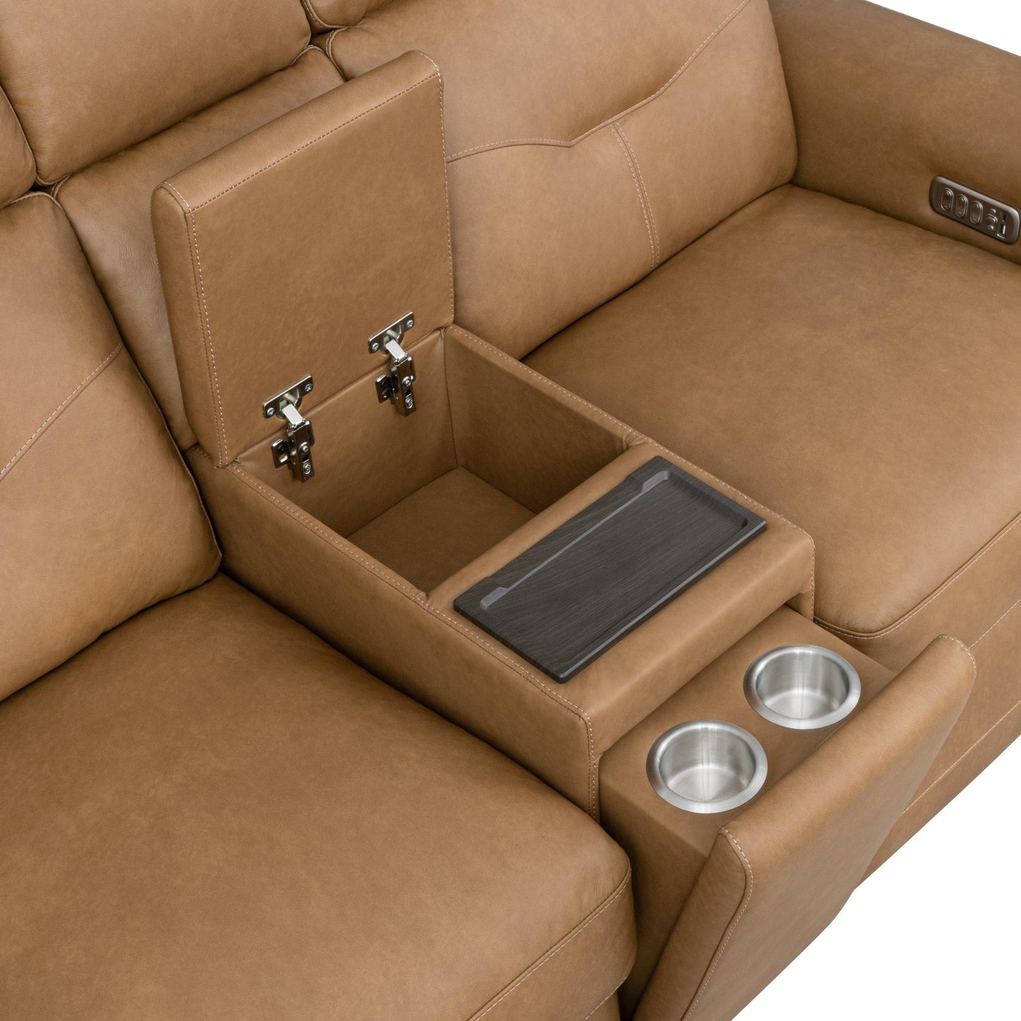 Felix Toasted Almond Leather Power Reclining Loveseat with Console, Power Headrest, Lumbar, Heat & Massage