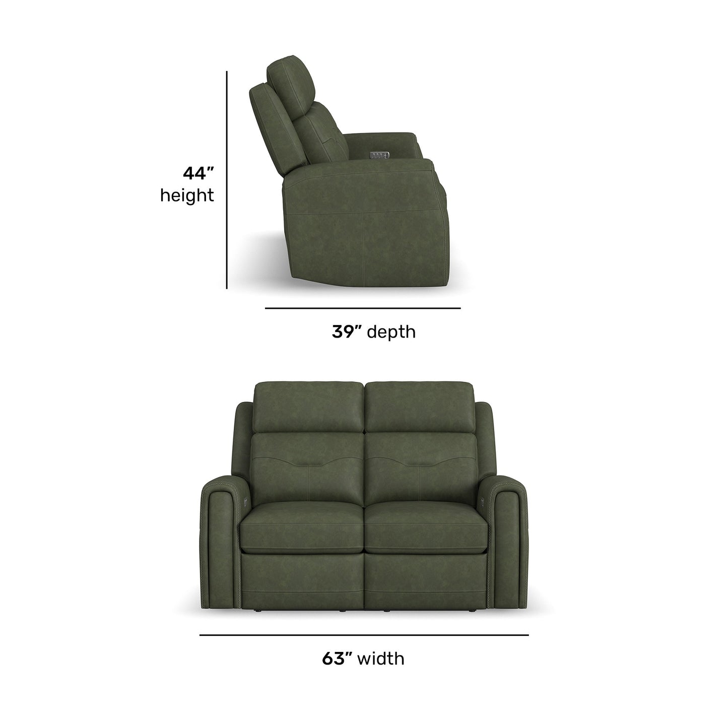 Felix Forest Green Leather Power Reclining Loveseat with Power Headrest, Lumbar, Heat & Massage