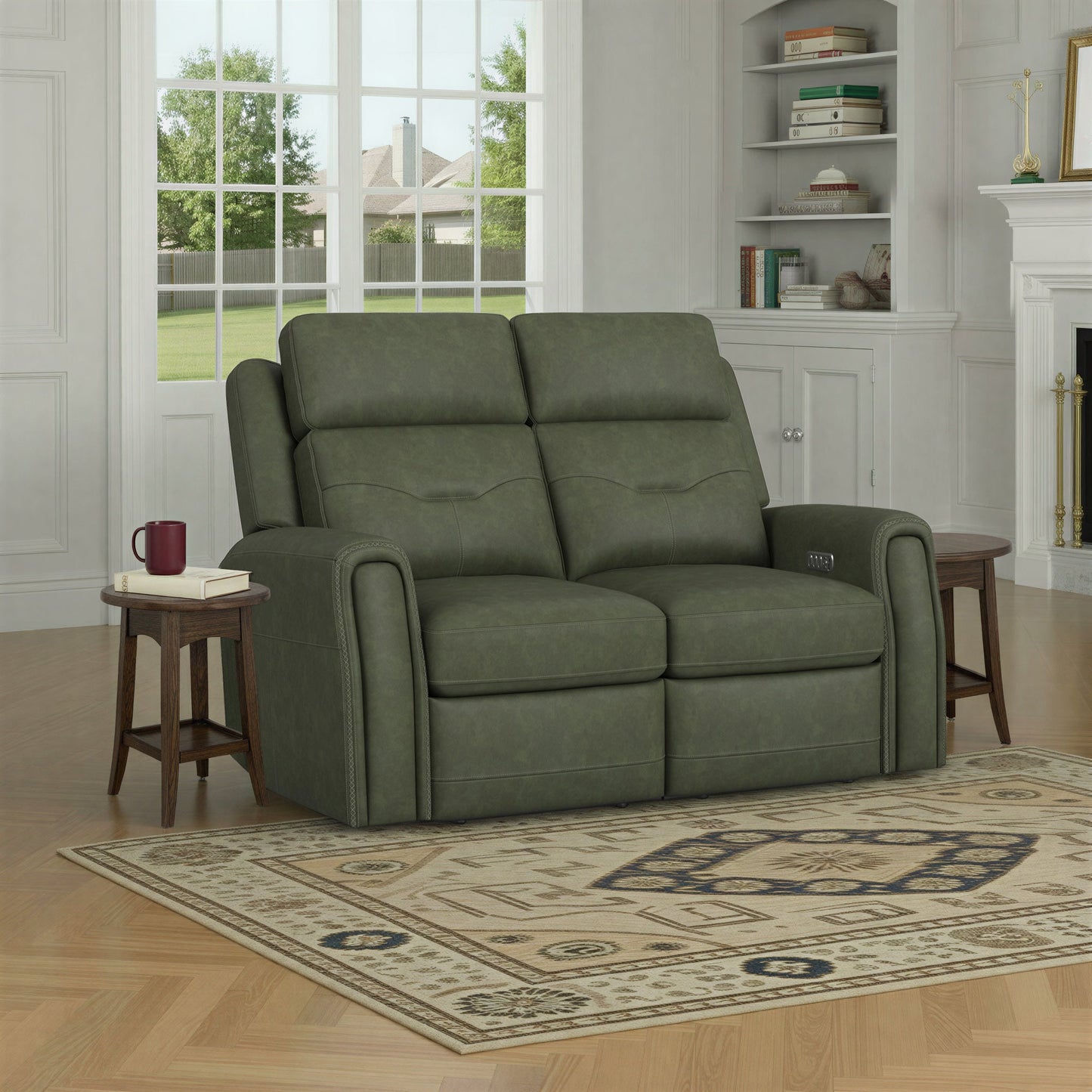 Felix Forest Green Leather Power Reclining Loveseat with Power Headrest, Lumbar, Heat & Massage