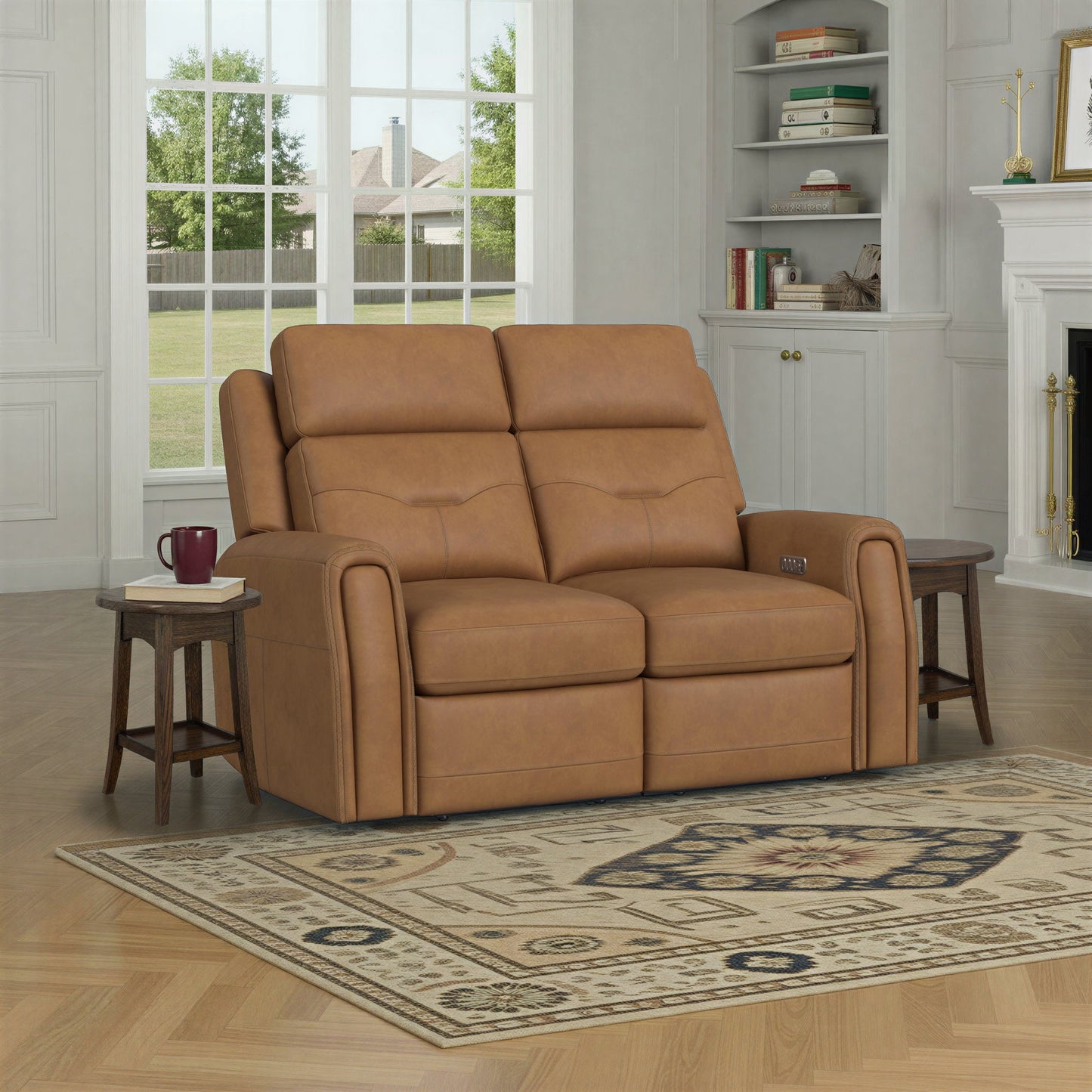 Felix Toasted Almond Leather Power Reclining Loveseat with Power Headrest, Lumbar, Heat & Massage