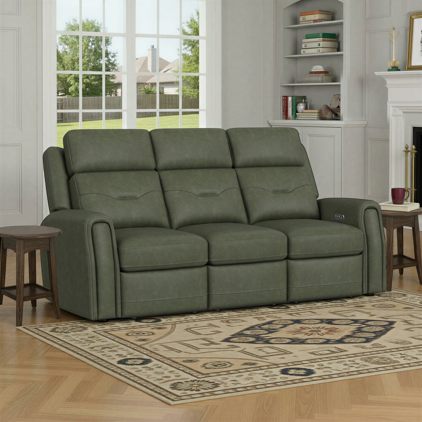 Felix Forest Green Leather Power Reclining Sofa with Power Headrest, Lumbar, Heat & Massage