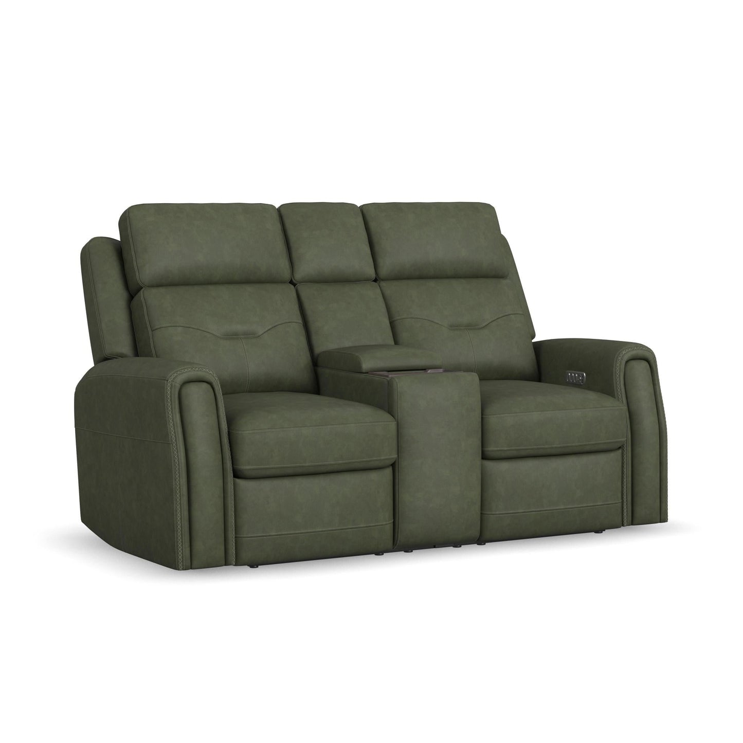 Felix Forest Green Leather Power Reclining Loveseat with Console, Power Headrest, Lumbar, Heat & Massage