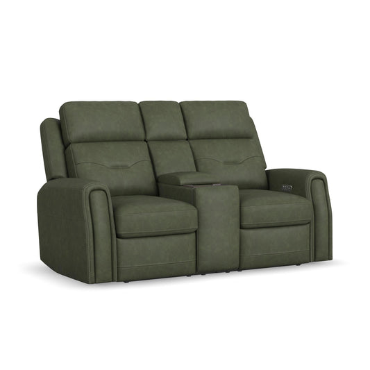 Felix Forest Green Leather Power Reclining Loveseat with Console, Power Headrest, Lumbar, Heat & Massage